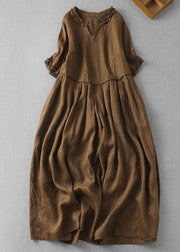 Fine Coffee V Neck Ruffled Patchwork Linen Dress Summer