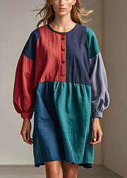 Fine Colorblock Asymmetrical Patchwork Cotton Dress Summer
