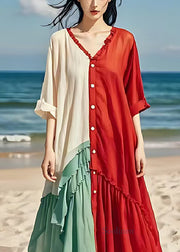 Fine Colorblock Asymmetrical Patchwork Cotton Long Dress Summer