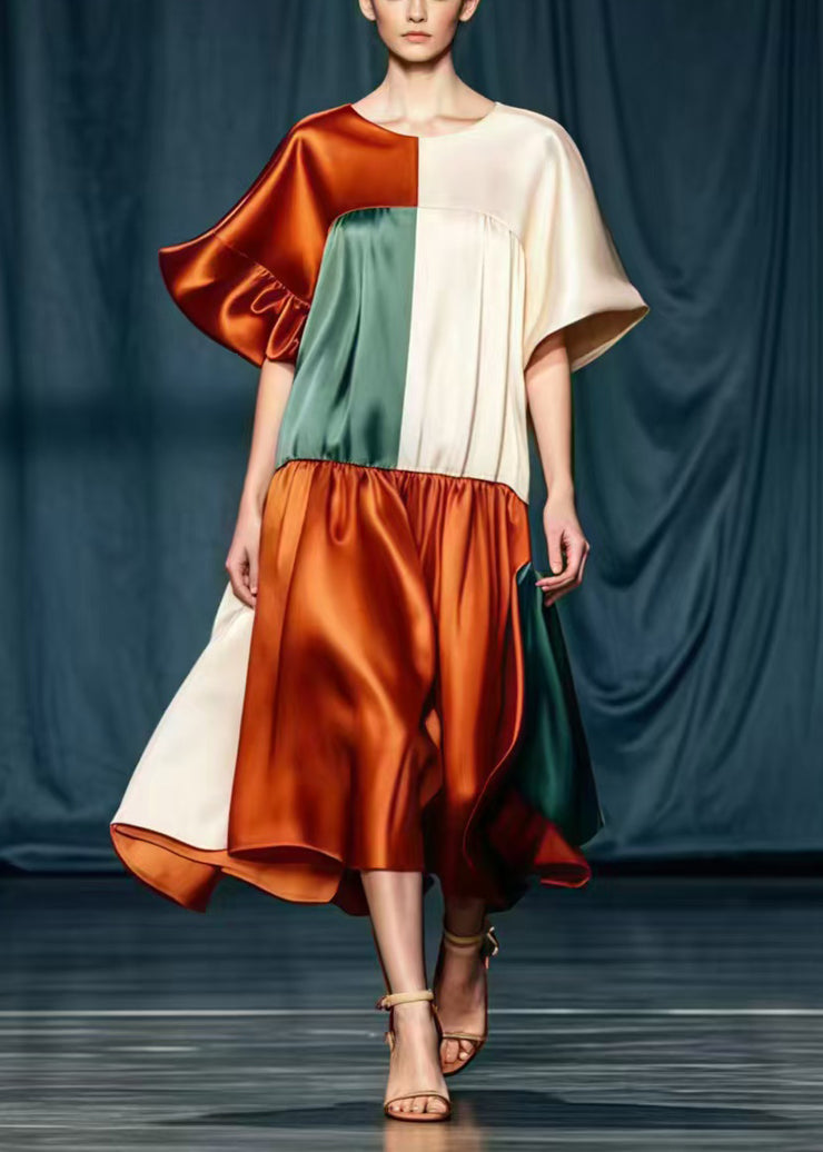 Fine Colorblock Asymmetrical Patchwork Silk Party Dress Summer