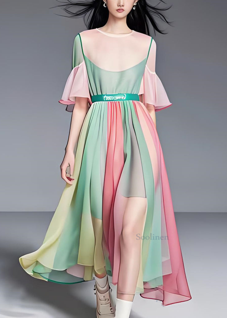 Fine Colorblock O Neck Wrinkled Patchwork Chiffon Long Dress Summer