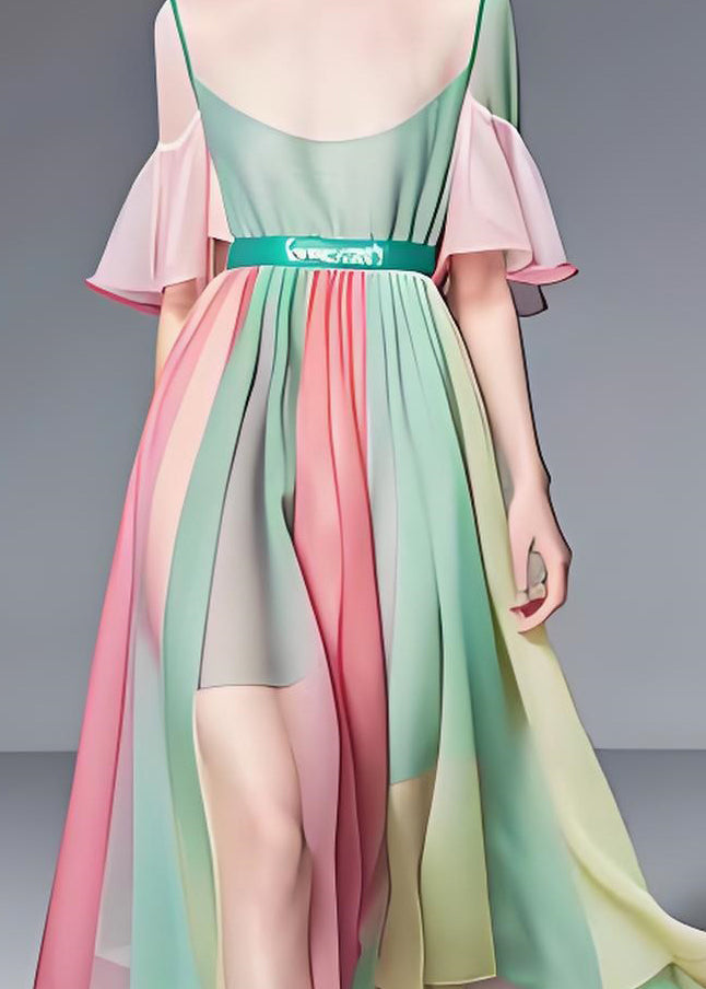 Fine Colorblock O Neck Wrinkled Patchwork Chiffon Long Dress Summer