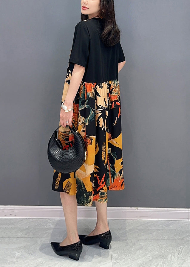 Fine Colorblock O Neck Wrinkled Print Patchwork Cotton Dresses Summer