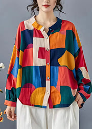 Fine Colorblock Oversized Print Linen Shirt Top Fall