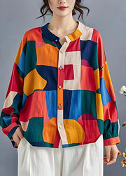 Fine Colorblock Oversized Print Linen Shirt Top Fall