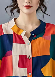 Fine Colorblock Oversized Print Linen Shirt Top Fall
