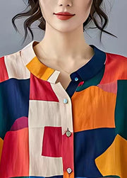 Fine Colorblock Oversized Print Linen Shirt Top Fall