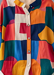 Fine Colorblock Oversized Print Linen Shirt Top Fall