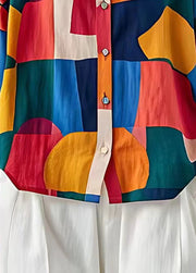 Fine Colorblock Oversized Print Linen Shirt Top Fall