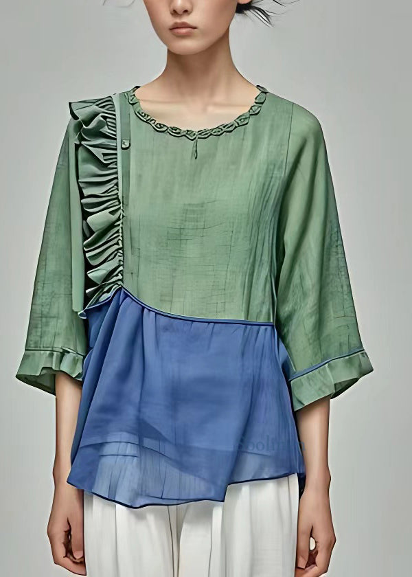 Fine Colorblock Ruffled Patchwork Tops Bracelet Sleeve