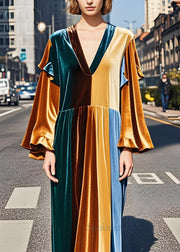 Fine Colorblock Ruffled Patchwork Velvet Long Dress Fall