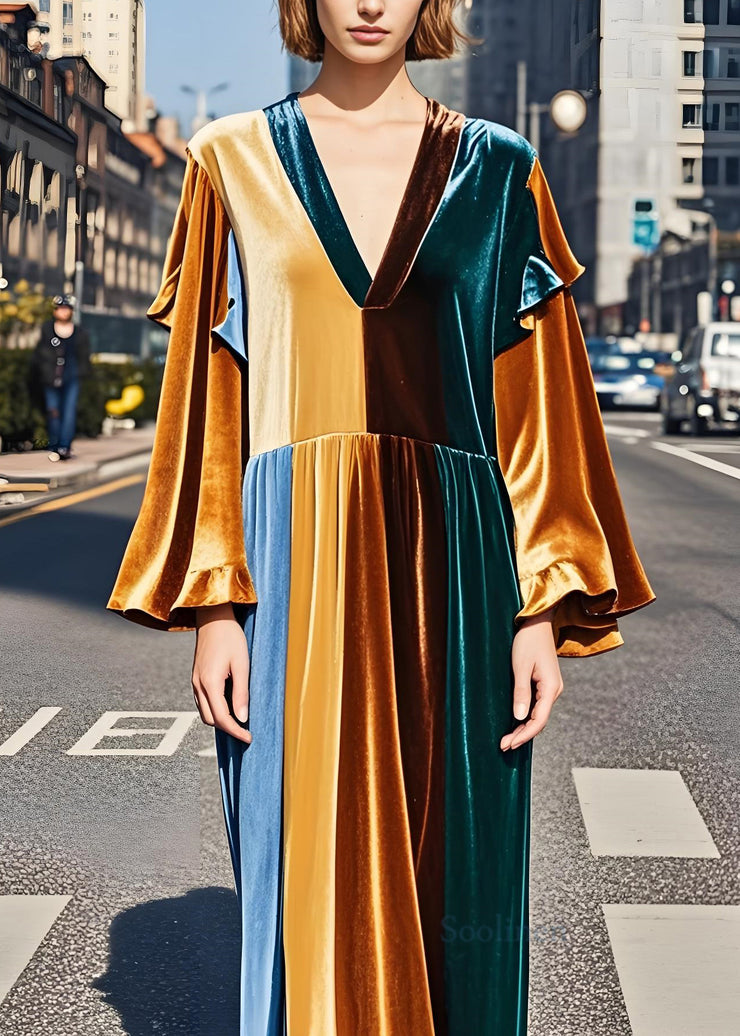 Fine Colorblock Ruffled Patchwork Velvet Long Dress Fall