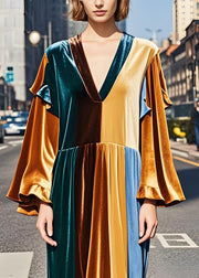 Fine Colorblock Ruffled Patchwork Velvet Long Dress Fall