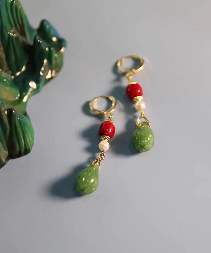 Fine Colorblock Sterling Silver Overgild Jade Orchid Drop Earrings