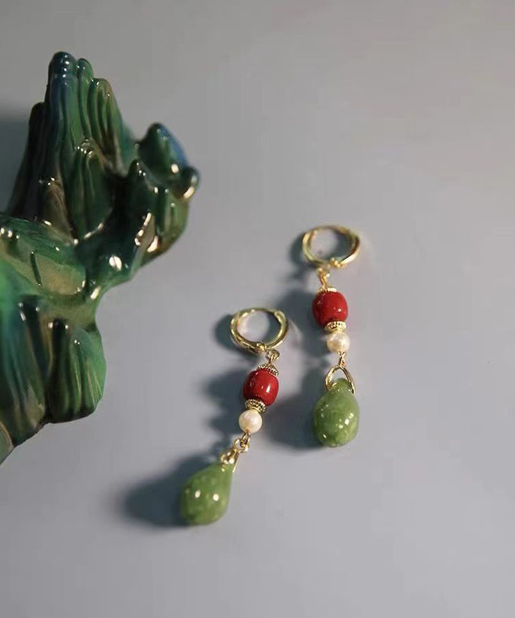 Fine Colorblock Sterling Silver Overgild Jade Orchid Drop Earrings