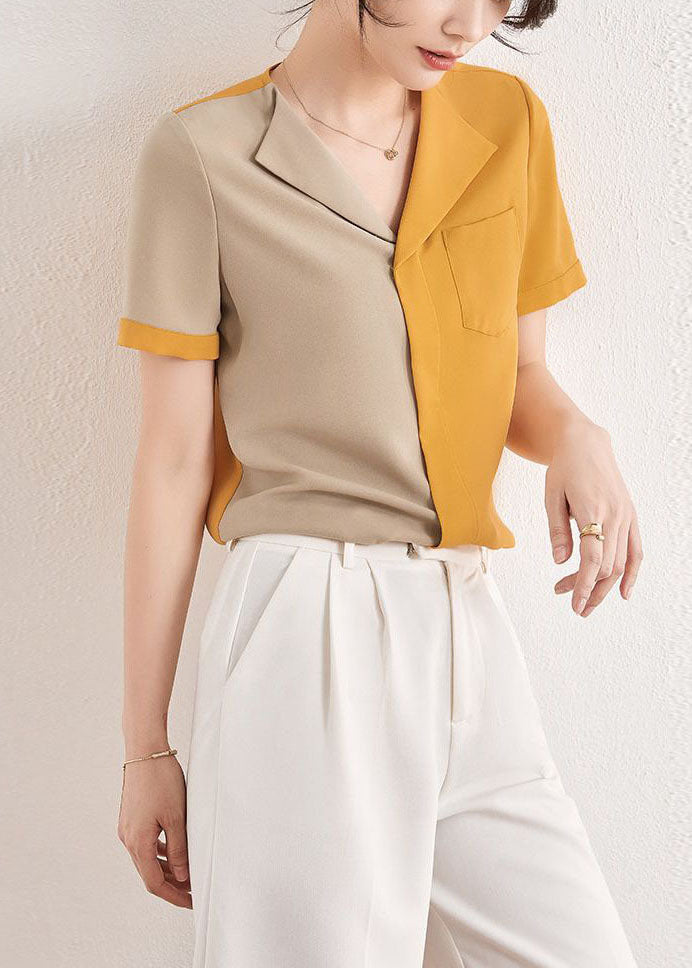 Fine Colorblock V Neck Patchwork Chiffon Shirt Summer