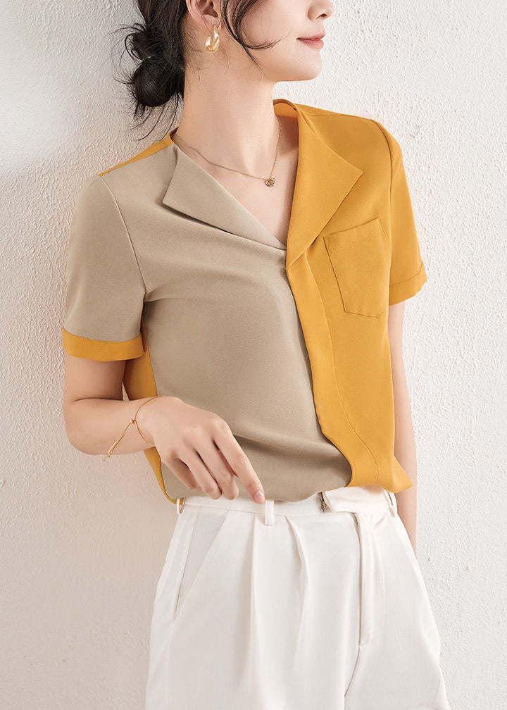 Fine Colorblock V Neck Patchwork Chiffon Shirt Summer