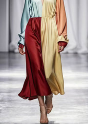 Fine Colorblock V Neck Patchwork Silk Robe Dresses Spring