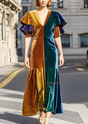 Fine Colorblock V Neck Patchwork Velvet Dress Butterfly Sleeve