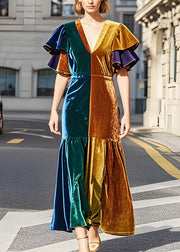 Fine Colorblock V Neck Patchwork Velvet Dress Butterfly Sleeve