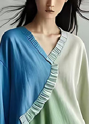 Fine Colorblock V Neck Patchwork Wrinkled Cotton Shirts Spring