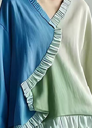 Fine Colorblock V Neck Patchwork Wrinkled Cotton Shirts Spring