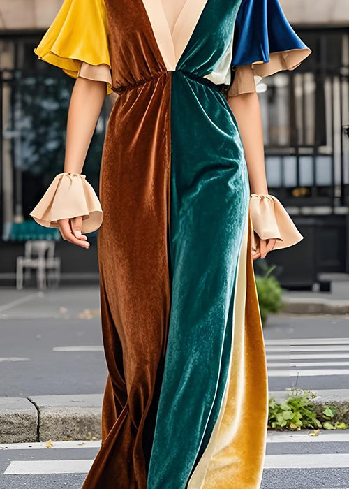 Fine Colorblock V Neck Velvet Long Dress Butterfly Sleeve