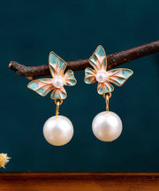 Fine Cyan Copper Overgild Acrylic Pearl Enamel Butterfly Drop Earrings