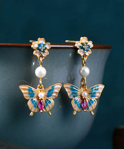 Fine Cyan Copper Overgild Acrylic Pearl Enamel Butterfly Drop Earrings