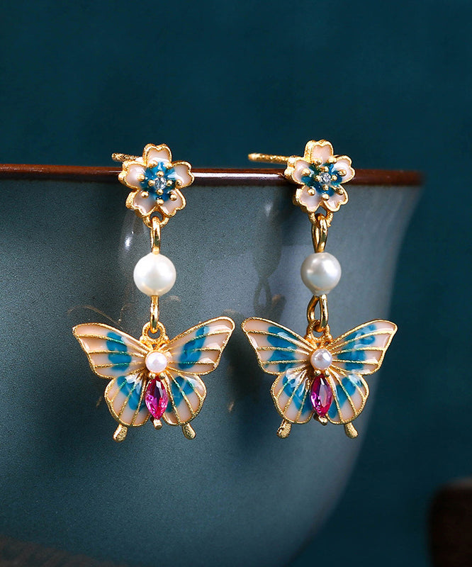 Fine Cyan Copper Overgild Acrylic Pearl Enamel Butterfly Drop Earrings