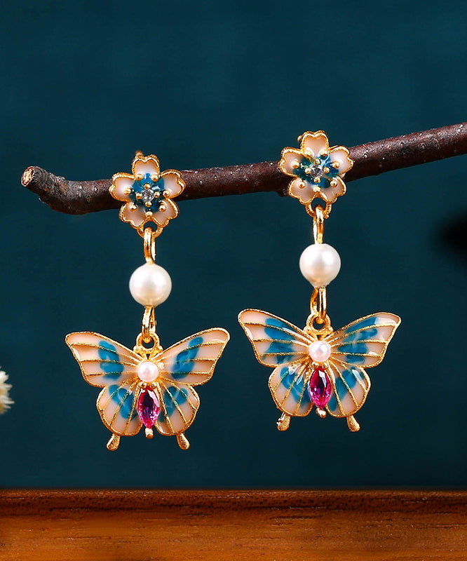 Fine Cyan Copper Overgild Acrylic Pearl Enamel Butterfly Drop Earrings