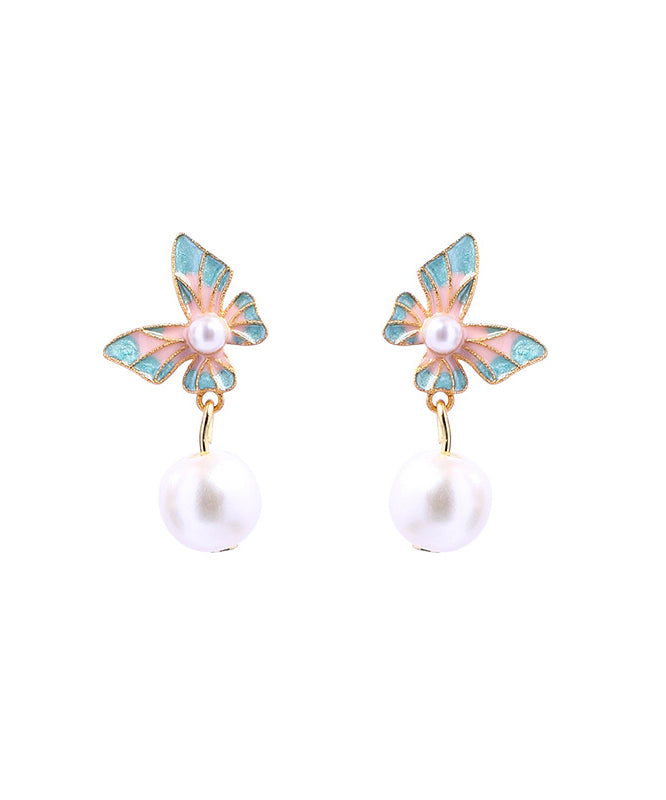 Fine Cyan Copper Overgild Acrylic Pearl Enamel Butterfly Drop Earrings