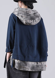 Fine Dark Blue Alphabet Graphic Patchwork Hooded Sweatshirt Long Sleeve