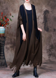 Fine Dark Chocolate Patchwork Black V Neck Tassel Knit Wool Coat Long Sleeve