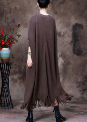 Fine Dark Chocolate Patchwork Black V Neck Tassel Knit Wool Coat Long Sleeve