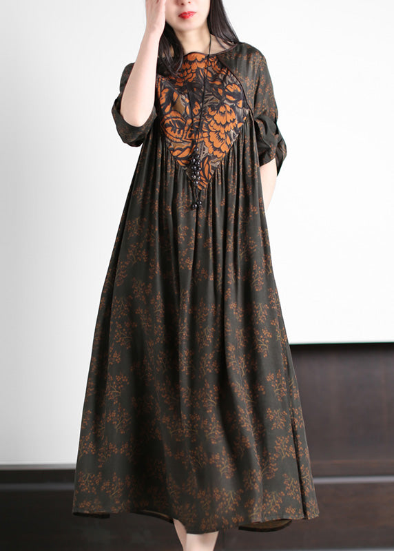 Fine Dark Green O-Neck Patchwork Print Wrinkled Party Silk Long Dress Summer