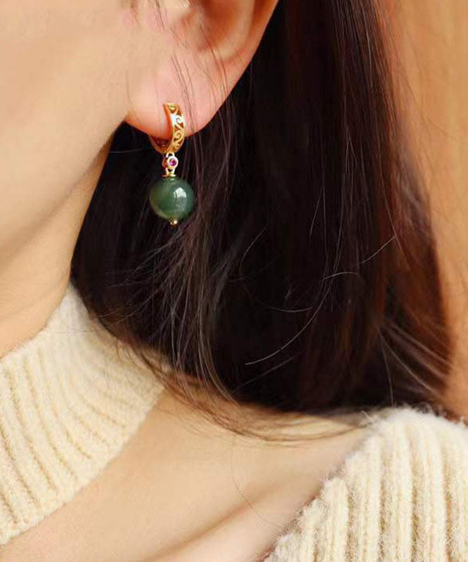 Fine Dark Green Sterling Silver Overgild Jade Drop Earrings