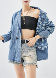 Fine Denim Blue Asymmetrical Print Cotton Coats Fall