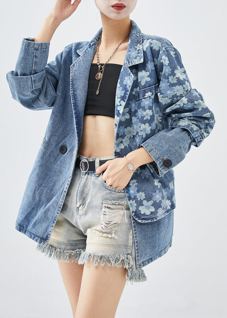 Fine Denim Blue Asymmetrical Print Cotton Coats Fall