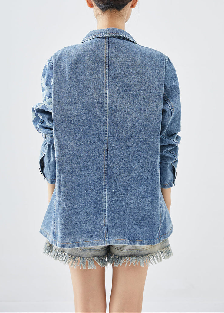 Fine Denim Blue Asymmetrical Print Cotton Coats Fall