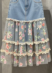 Fine Denim Blue Patchwork Tulle Print Holiday Skirts Fall