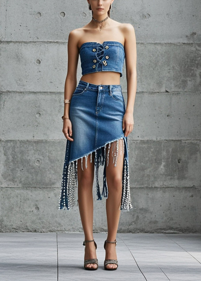 Fine Denim Blue Tasseled Holiday Skirt Summer