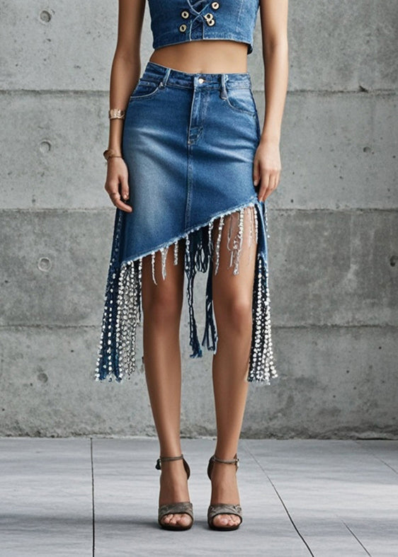 Fine Denim Blue Tasseled Holiday Skirt Summer