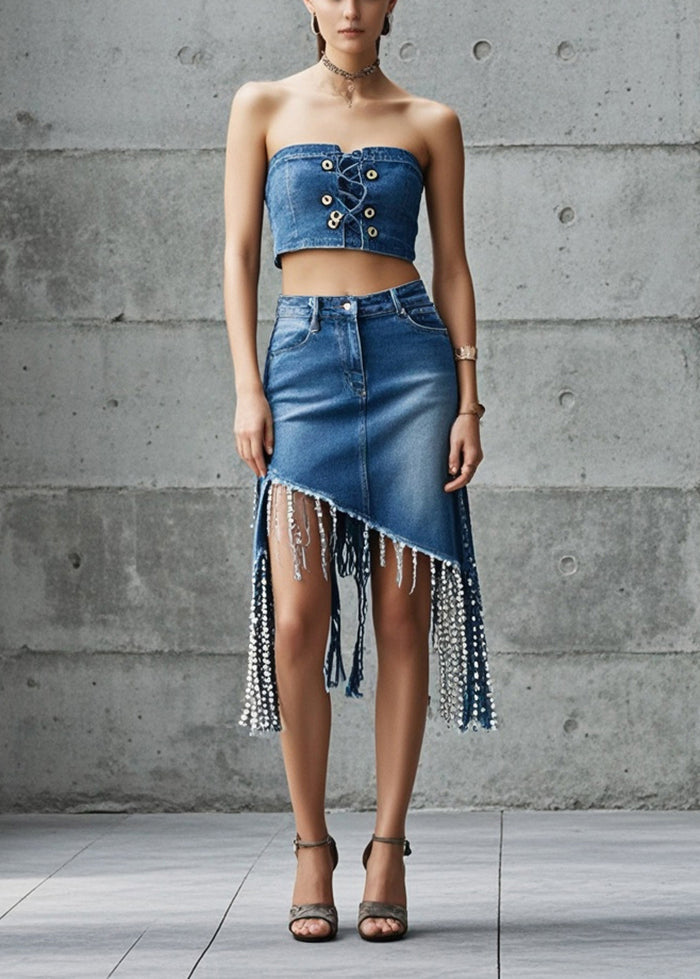 Fine Denim Blue Tasseled Holiday Skirt Summer