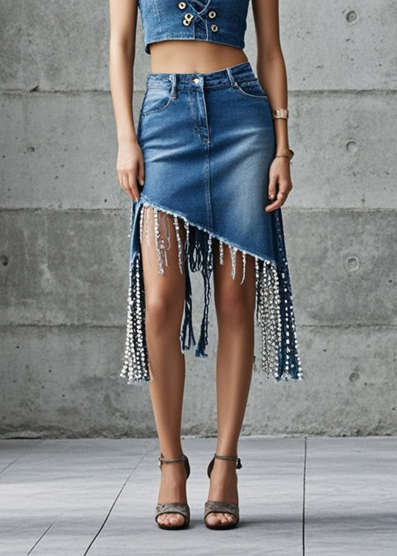 Fine Denim Blue Tasseled Holiday Skirt Summer