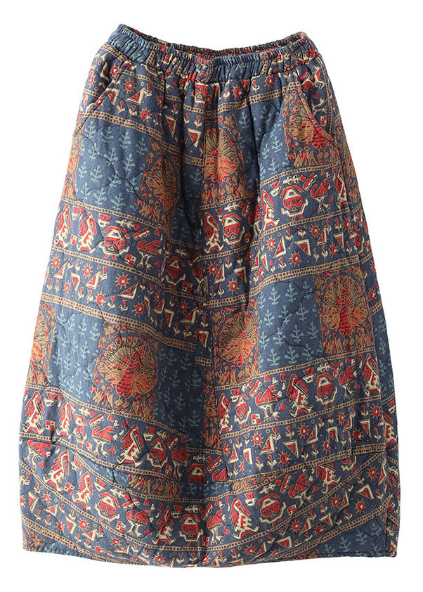 Fine Elastic Waist Pockets Print Fine Cotton Filled A Line Skirt Winter