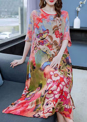 Fine Floral O Neck Chinese Button Patchwork Chiffon Mid Dress Summer