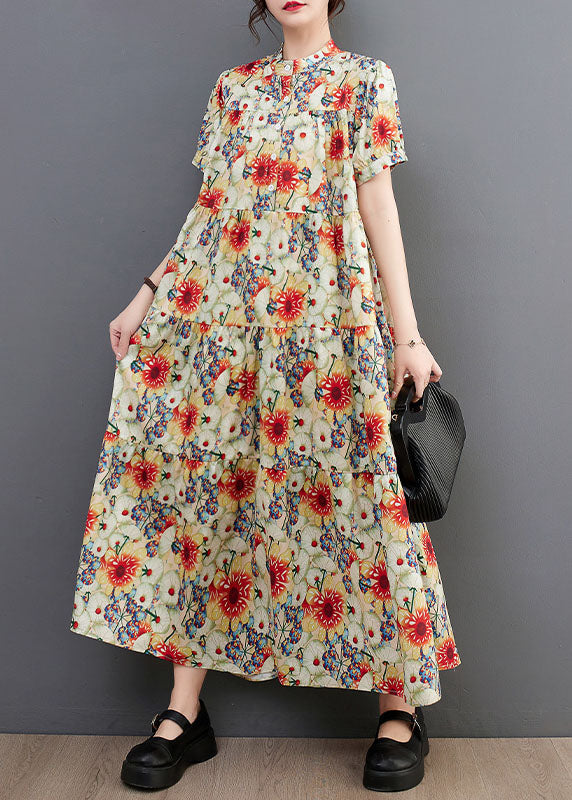 Fine Floral Print Stand Collar Exra Large Hem Cotton Shirt Dresses Summer