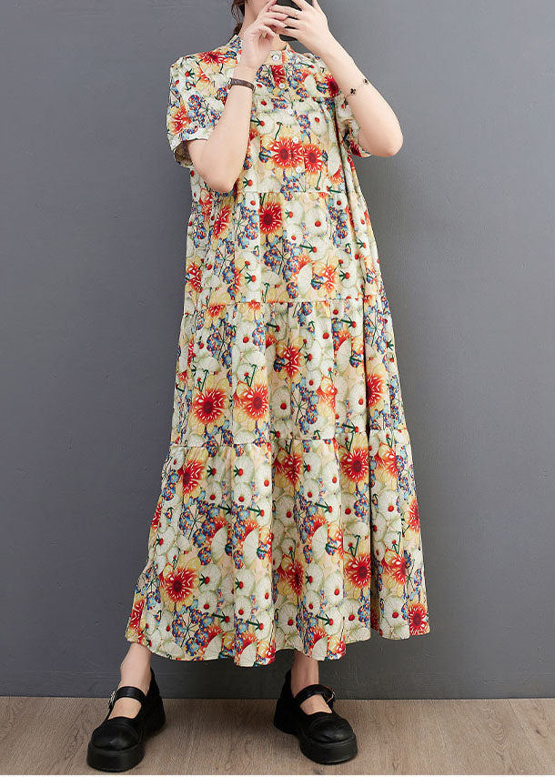 Fine Floral Print Stand Collar Exra Large Hem Cotton Shirt Dresses Summer