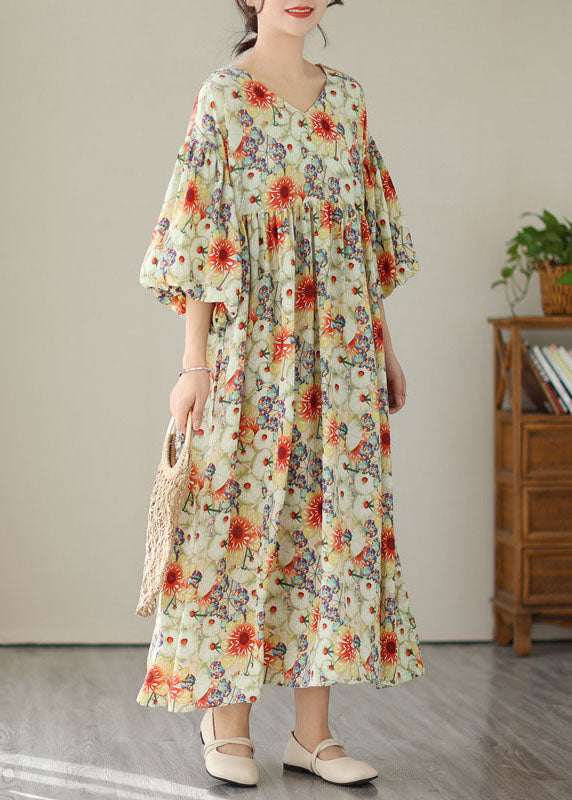 Fine Floral V Neck Wrinkled Patchwork Cotton Long Dresses Summer